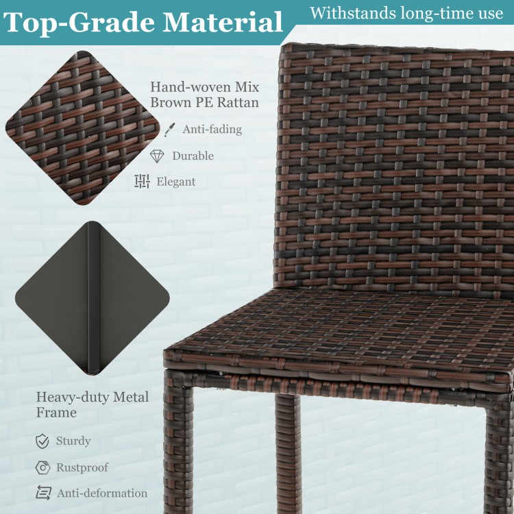 Close-up of a chair from the 3 Pieces Outdoor Wicker Bar Set, featuring durable hand-woven mix brown PE rattan.